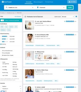 Mit Arztsuchmaschinen wie DocFinder, können Patienten unkompliziert einen Arzt suchen Screenshot: docfinder.at